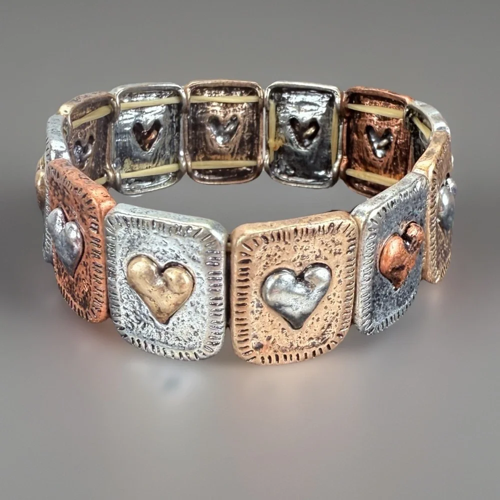 Multi tone metal heart bohemian chic stretch bracelet